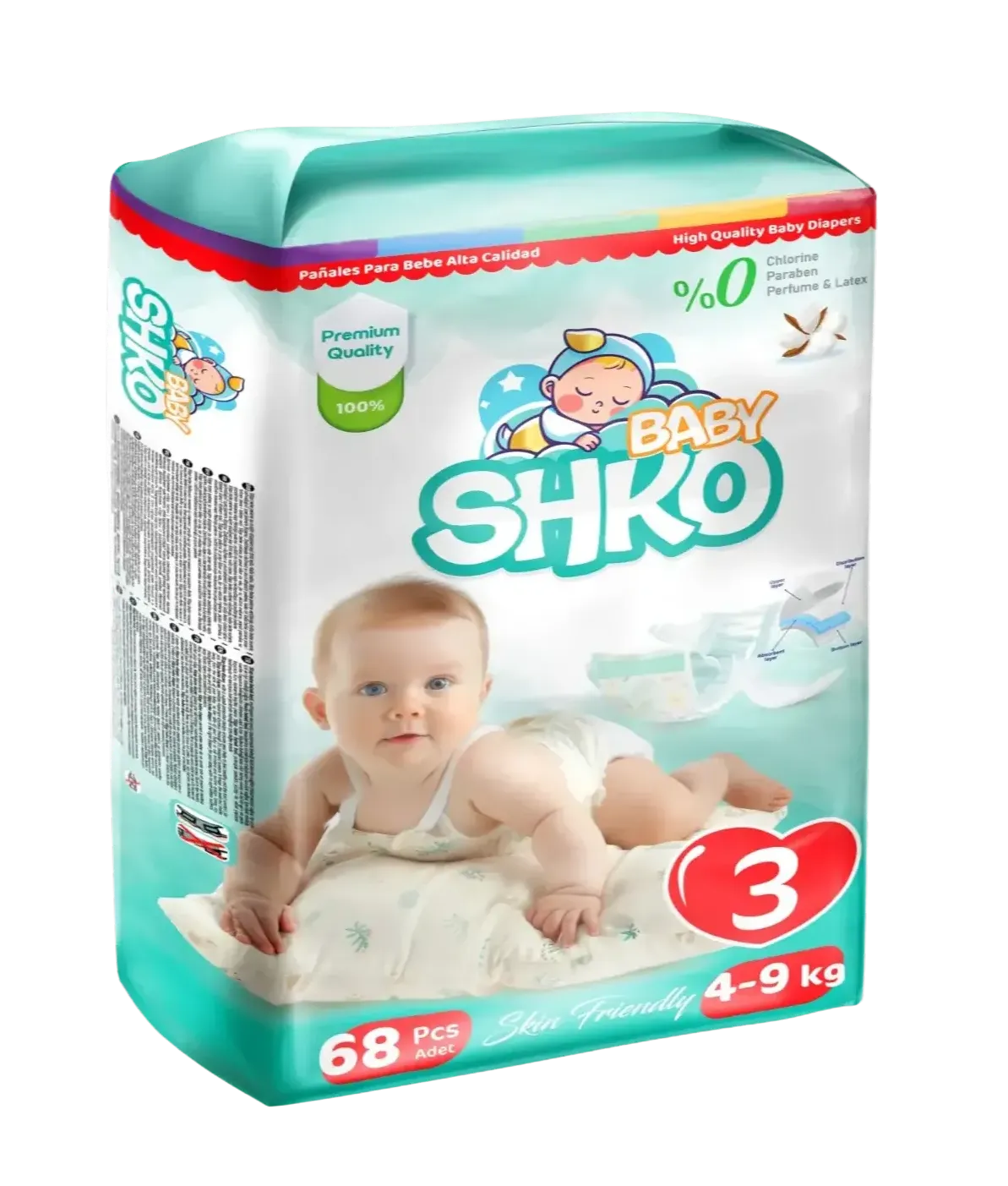 BABY SHKO Baby Diapers, Size 3, Midi, 4 - 9 kg, 68 PCS